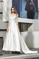 Elegant Long Lace-up A-Line Applique Satin Wedding Dress