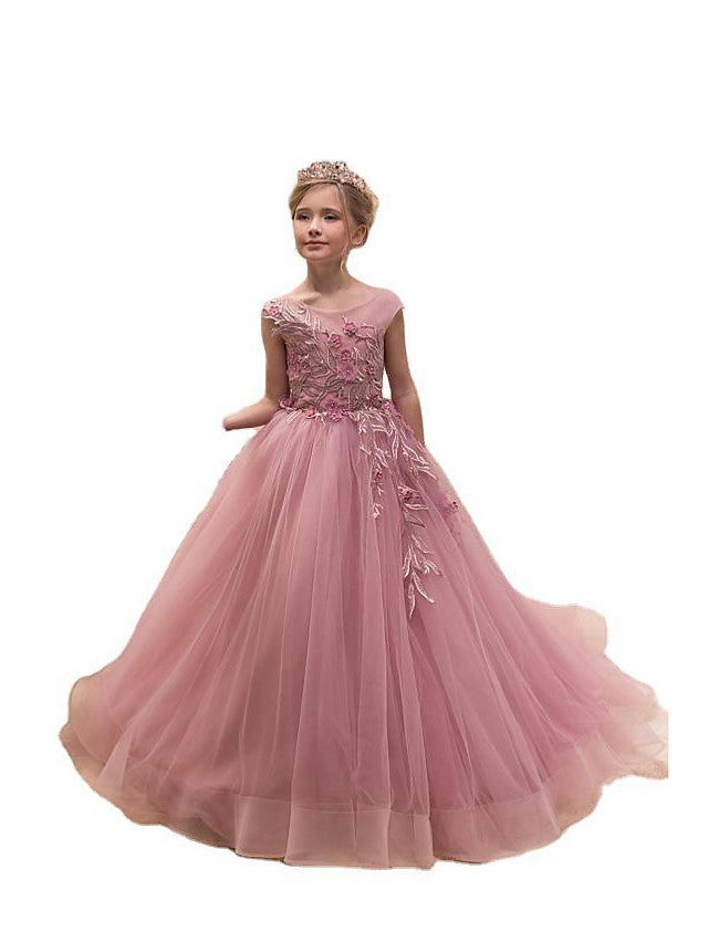 Long A-line Tulle Jewel Neck Appliques Lace Wedding Party Girl Dresses