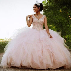 Long V-neck Tulle Beads Ball Gown Quinceanera Dress