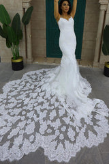Luxury White Long Mermaid Sweetheart Lace Backless Wedding Dresses