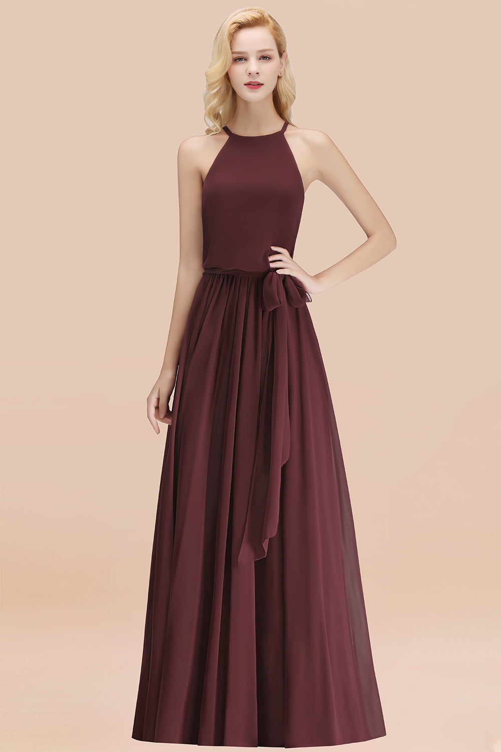 Modest Long A-line Halter Chiffon Bow Cabenet Bridesmaid Dresses