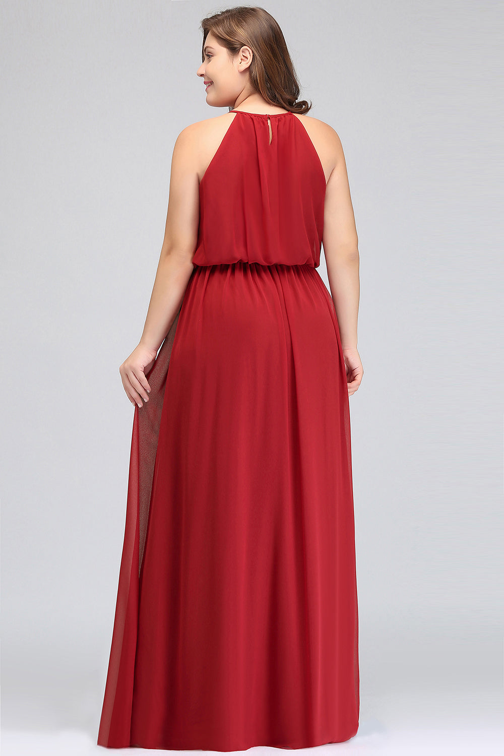 Plus Size A-line Chiffon Spaghetti Straps Halter Floor Length Prom Dress With Ruffles