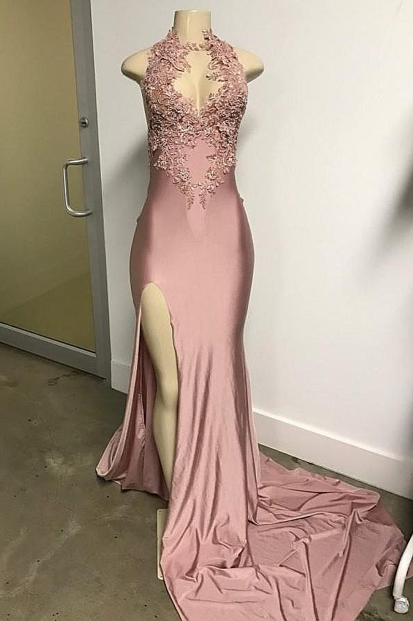Long Mermaid Sleeveless Lace Prom Dresses with Front Slit