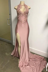 Long Mermaid Sleeveless Lace Prom Dresses with Front Slit