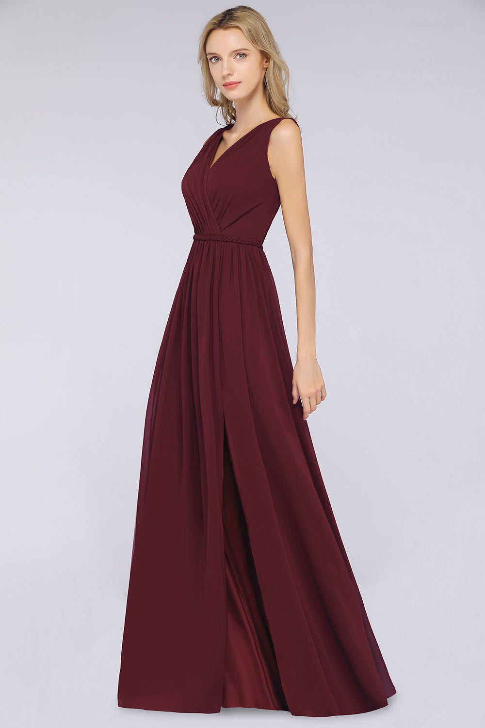 Classy Long Wide Straps V-neck A-Line Chiffon Ruffles Bridesmaid Dress With Side Slit