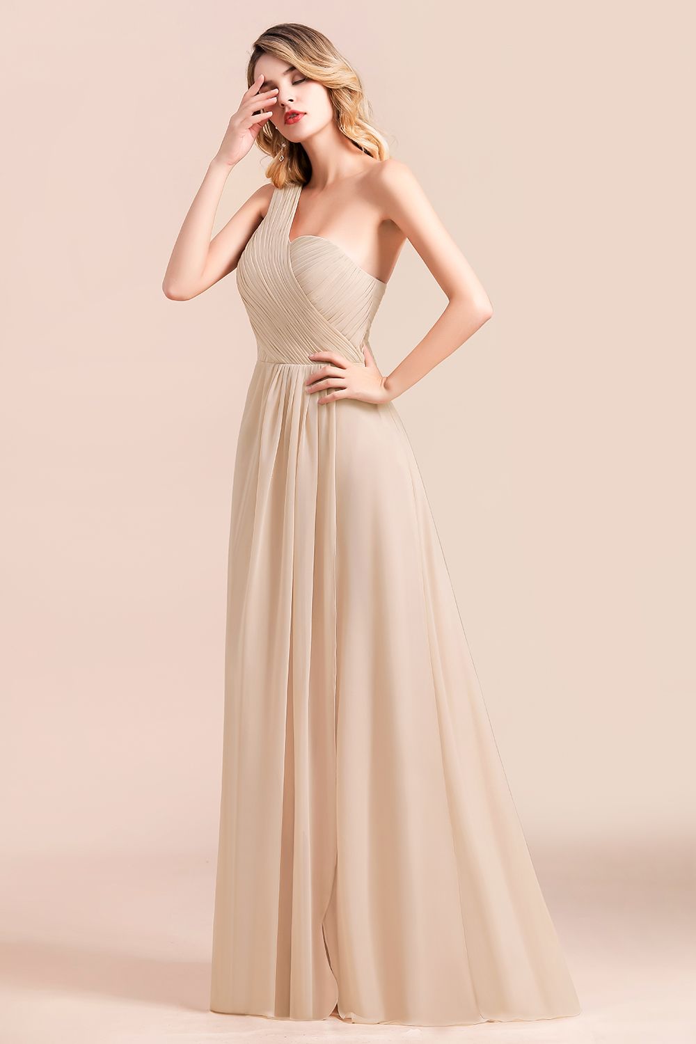 Simple One Shoulder Wedding Guest Dress A-Line Chiffon Bridesmaid Dress With Side Slit