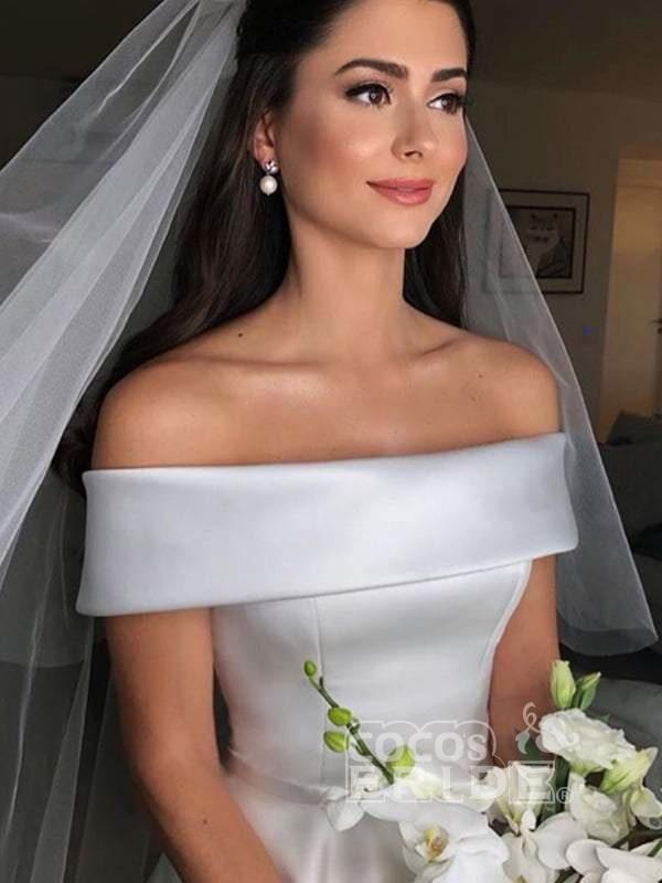 Simple Long A Line Satin Off The Shoulder Wedding Dress