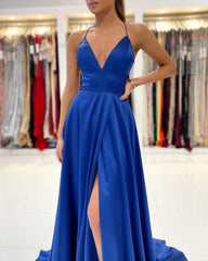 Simple Long A-line Spaghetti Straps V-neck Backless Ruffles Prom Dress with Slit