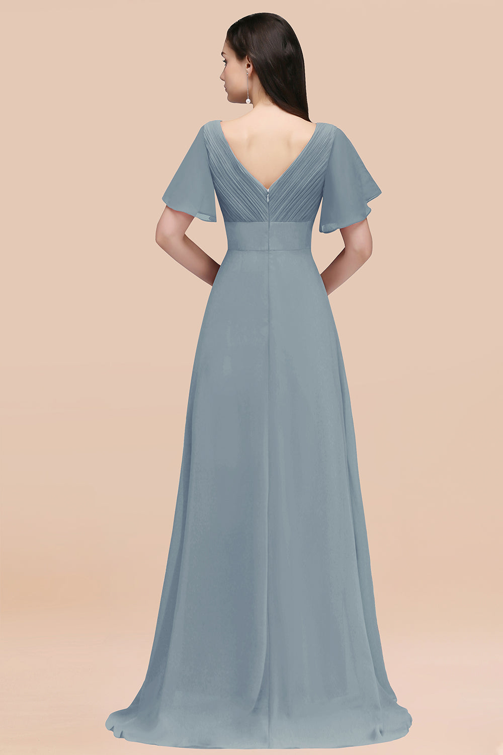 Simple A-Line Chiffon V-Neck Short Sleeves Ruffles Floor Length Bridesmaid Dresses