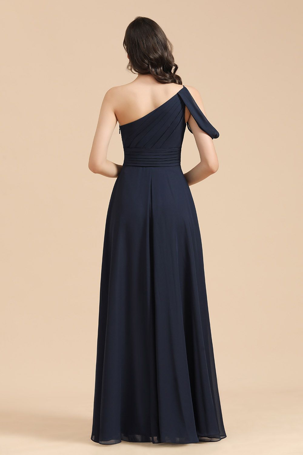 Long A-line Chiffon One Shoulder Dark Navy Wedding Party Dresses