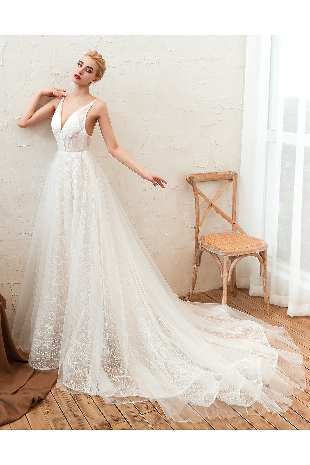 Classy A-Line Long V-neck Floor Length Lace Tulle Open Back Wedding Dress