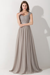 A-line Chiffon V-Neck Sleeveless Ruffles Floor Length Bridesmaid Dress with Appliques