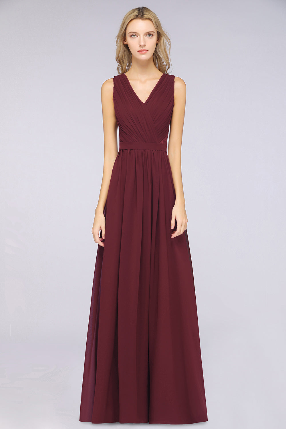 A-Line Chiffon Lace V-Neck Sleeveless Floor Length Bridesmaid Dress with Ruffles