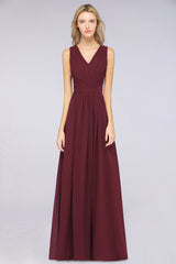 A-Line Chiffon Lace V-Neck Sleeveless Floor Length Bridesmaid Dress with Ruffles