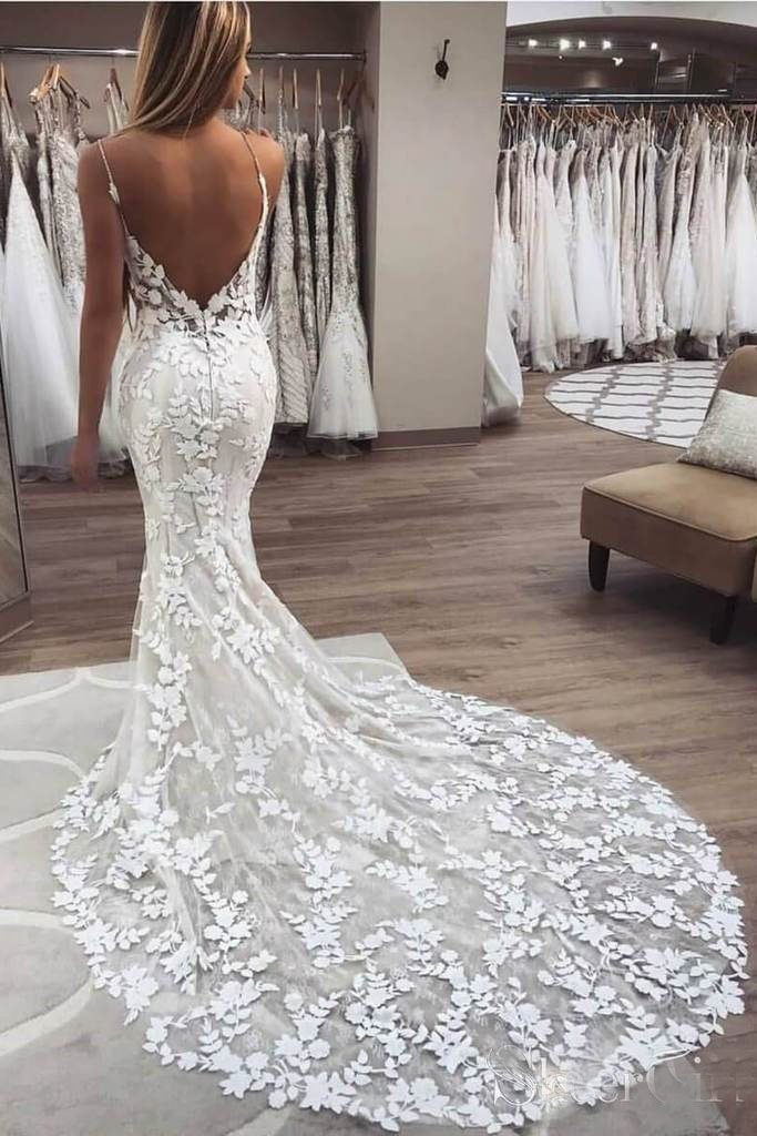 Long Spaghetti Strap Mermaid Lace Appliques Open Back Wedding Dress