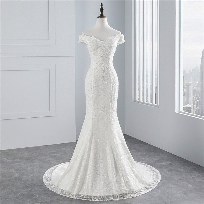Elegant Long Mermaid Off the Shoulder Floor Length Lace Wedding Dress