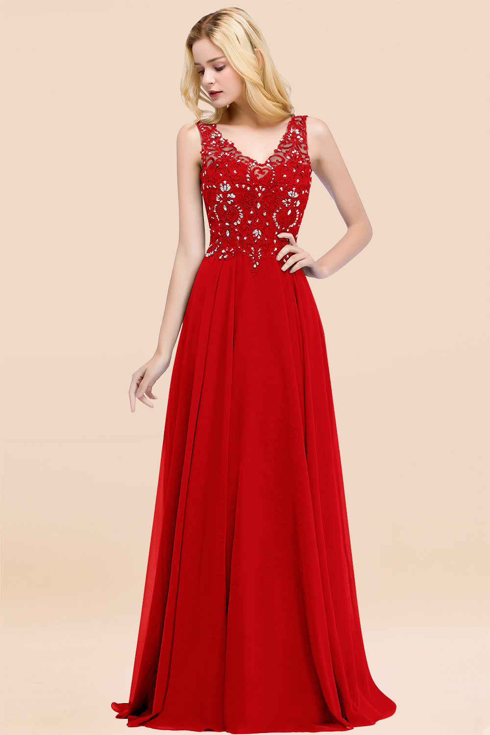 Dusty Rose Lace V-Neck Long Bridesmaid Dresses With Appliques