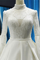 Elegant High Neck Long Sleeves Ball Gown Satin Wedding Dresses