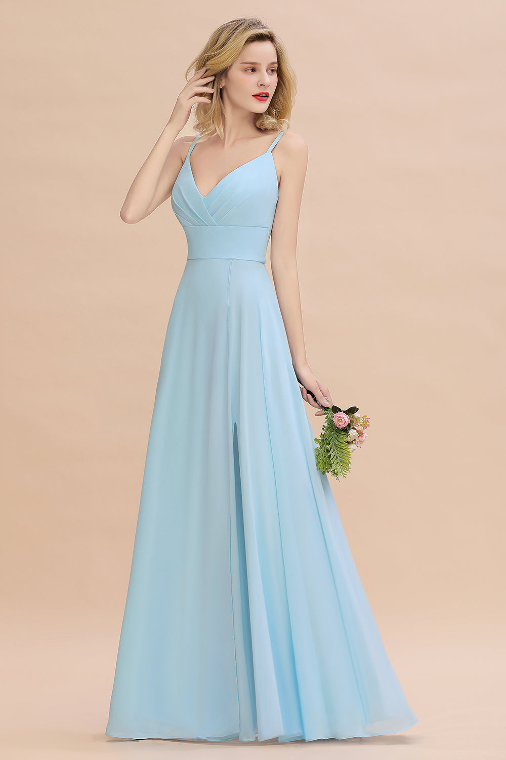 Vintage Spaghetti Straps V-neck A-line Chiffon Floor Length Bridesmaid Dress With Split