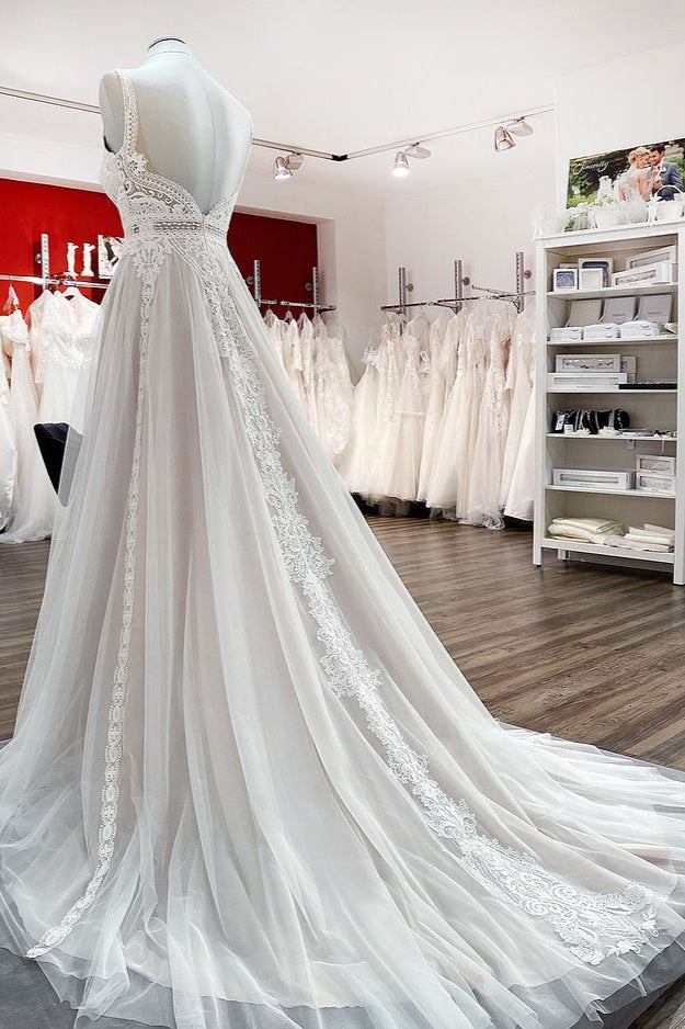Long A-line Tulle Lace Ruffles Open Back Wedding Dresses