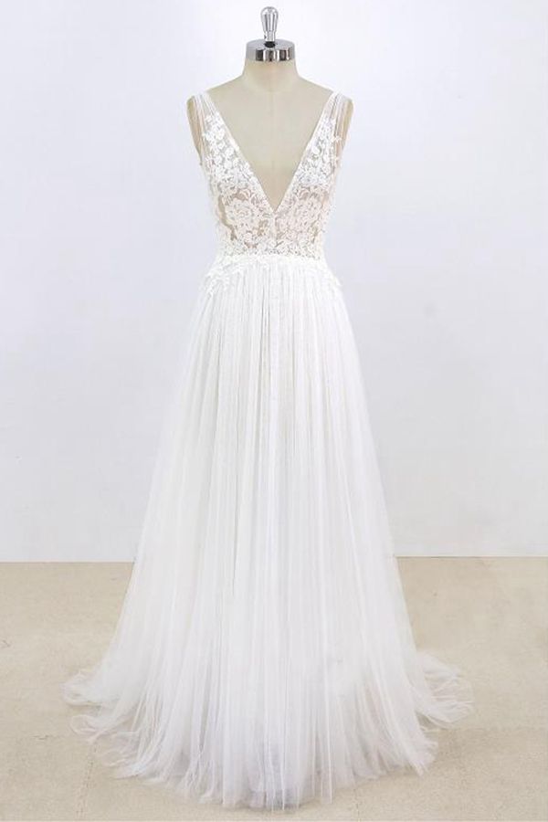 Long Deep V-neck Lace A-line Tulle Wedding Dress