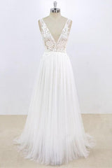 Long Deep V-neck Lace A-line Tulle Wedding Dress
