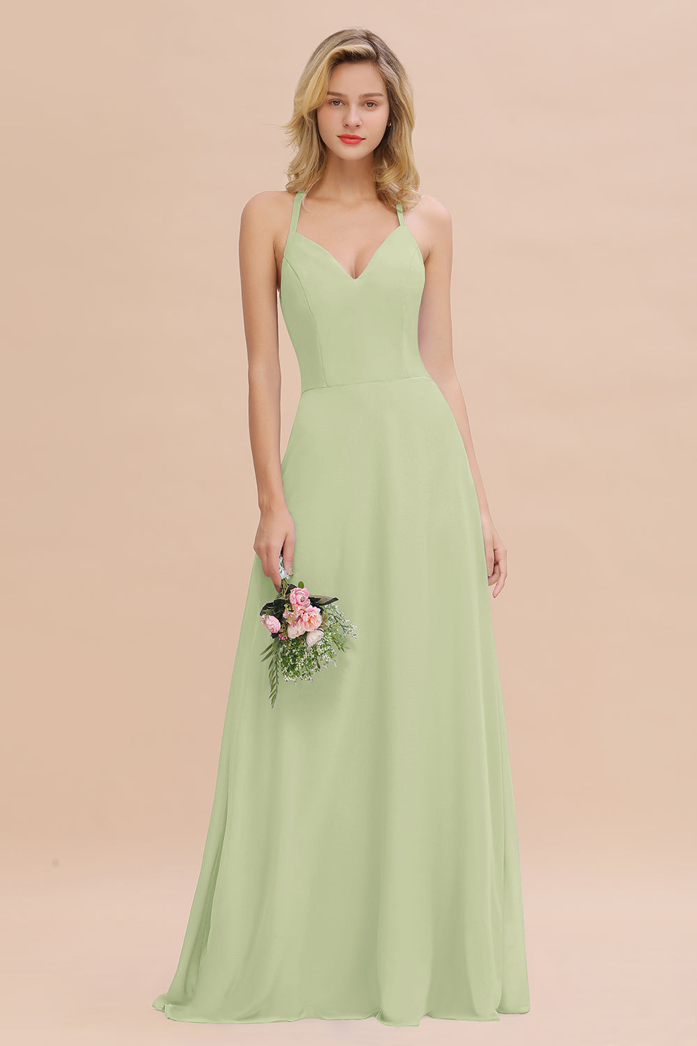 Stylish Chiffon Spaghetti Straps Sleeveless Long Bridesmaid Dress