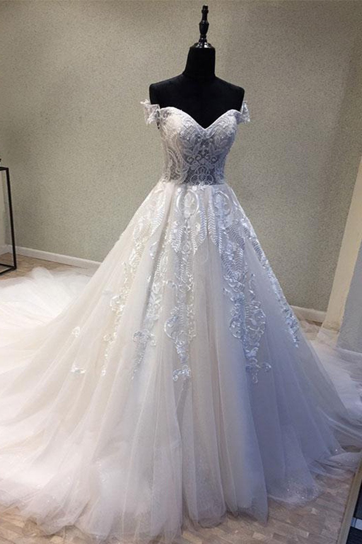 Sweetheart Long A-line Off the Shoulder Sweep Train Wedding Dress