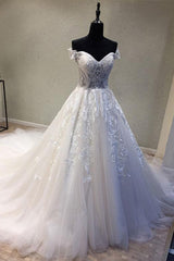 Sweetheart Long A-line Off the Shoulder Sweep Train Wedding Dress