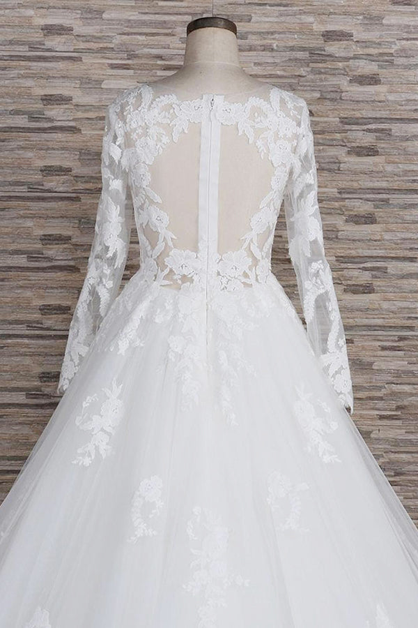 Plus Size Long A-line Applqiues Lace Tulle Wedding Dress with Sleeves