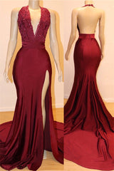 Sexy Long Mermaid V-neck Backless Open Back Burgundy Prom Dresses with Slit