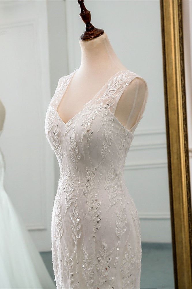 Gorgeous Long Mermaid V-neck Tulle Wedding Dress with Beadings