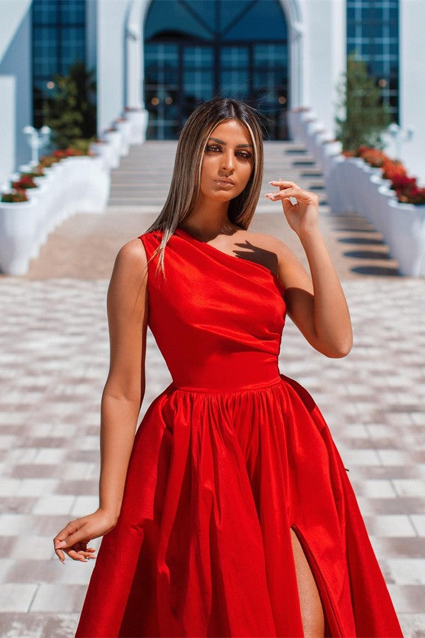 Red Long Asymmetrical One Shoulder A-Line Floor Length Satin Prom Dress with Ruffles