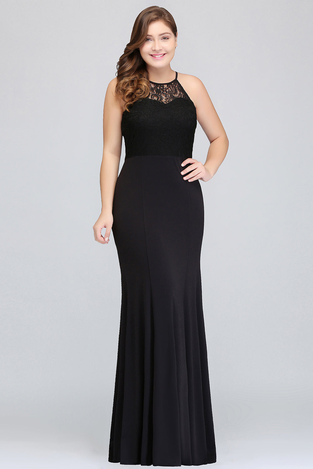 Plus Size Black Halter Spaghetti Straps Floor Length Ruffles Mermaid Prom Dress