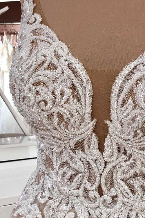 Long Spaghetti Straps A-Line Sequin Tulle Appliques Lace Wedding Dress