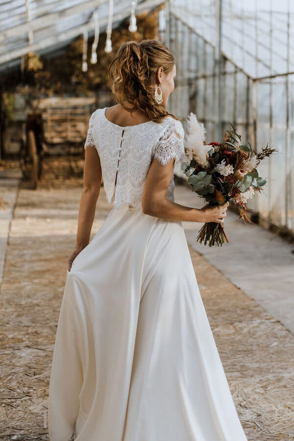 A-line Satin Lace High Low Two Piece Wedding Dress with Short Sleeve