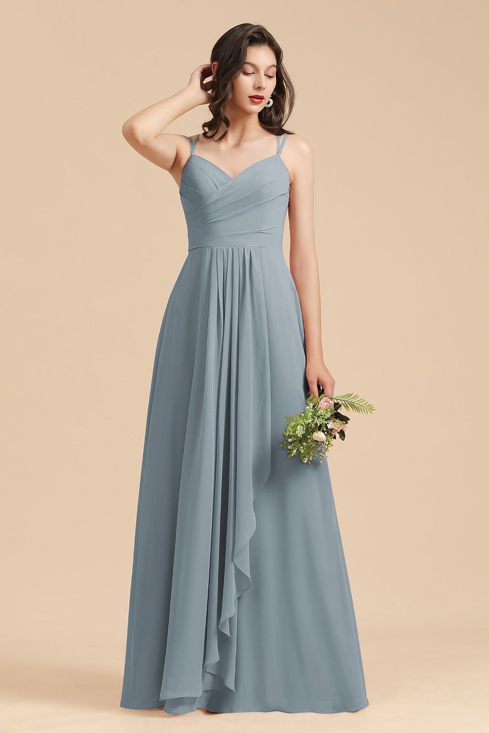 Long A-line V-Neck Chiffon Dusty Blue Wedding Guest Dress