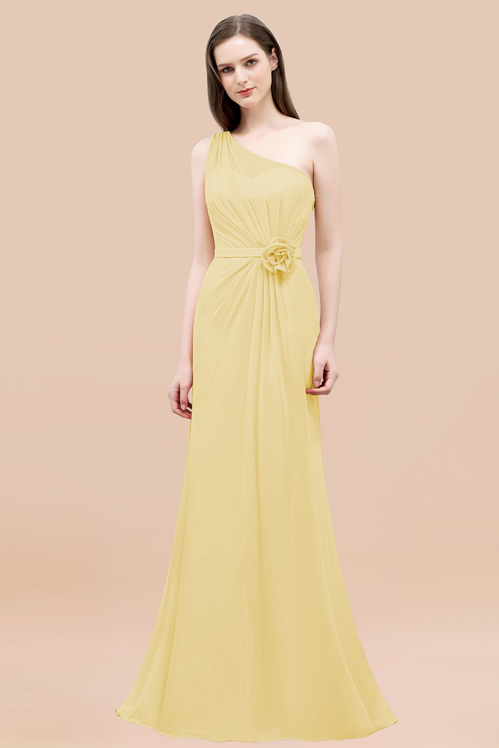 Mermaid Chiffon One Shoulder Sleeveless Ruffled Floor Length Bridesmaid Dresses with Flower