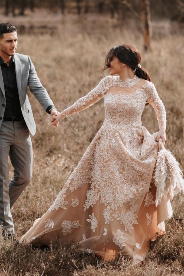 Charming Champagne Long A-line High Neck Tulle Lace Wedding Dresses with Sleeves