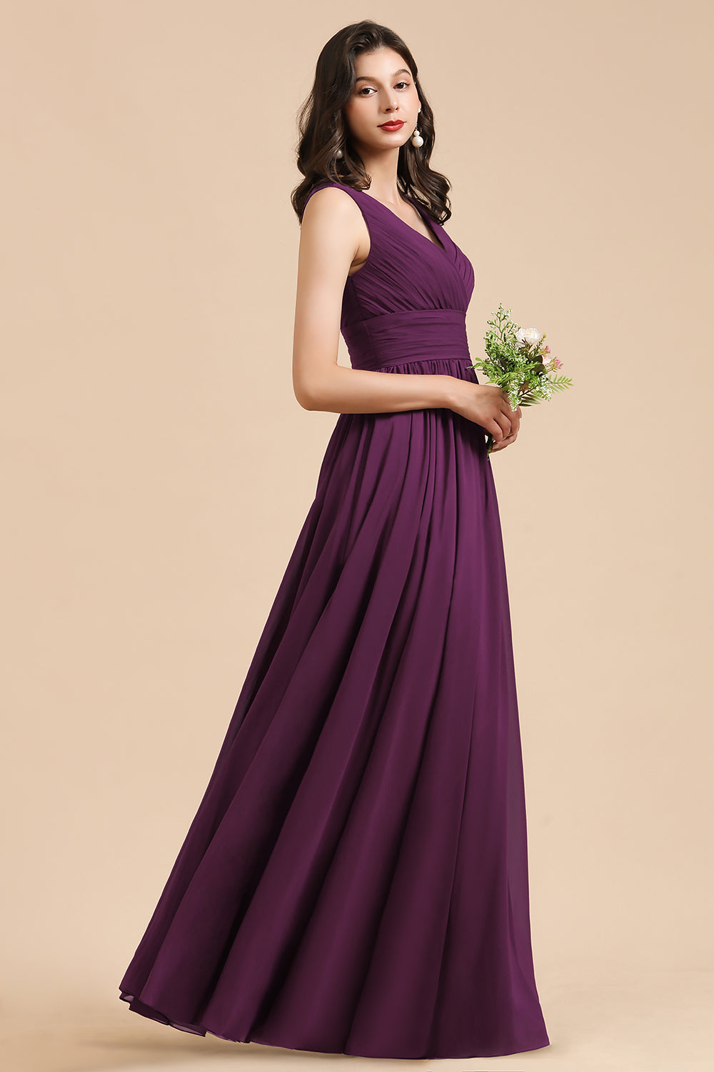 Elegant Long A-line V-neck Ruched Chiffon Bridesmaid Dress