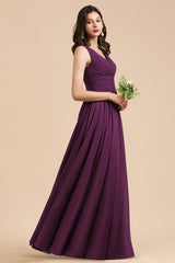 Elegant Long A-line V-neck Ruched Chiffon Bridesmaid Dress