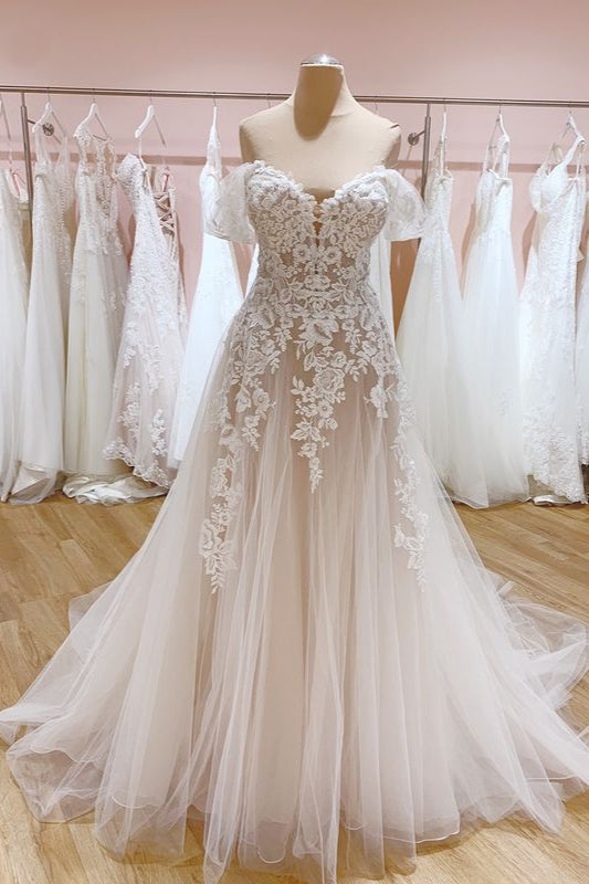 Vintage Long Off the Shoulder Sweetheart Backless Tulle Train A-Line Wedding Dress