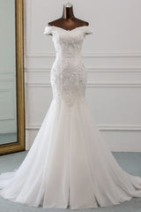 Long Off the Shoulder Lace-up Applique Mermaid Wedding Dress