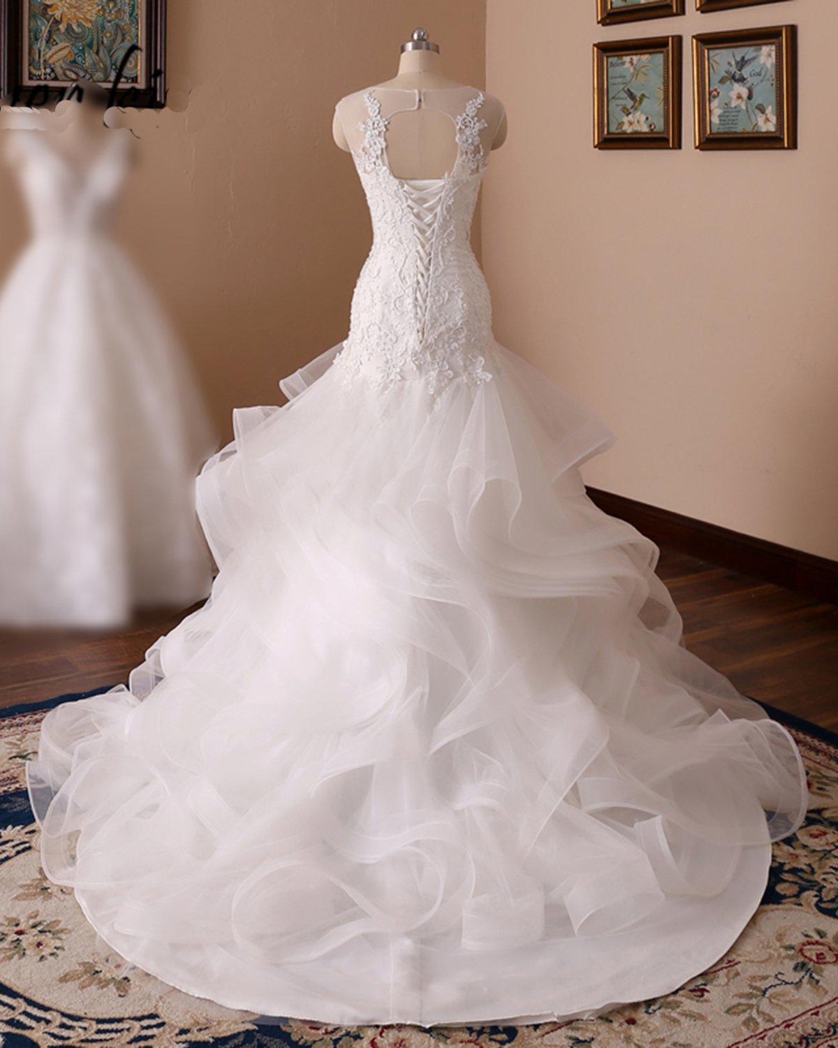 White Mermaid Lace Ruffled Long Tulle Wedding Dress