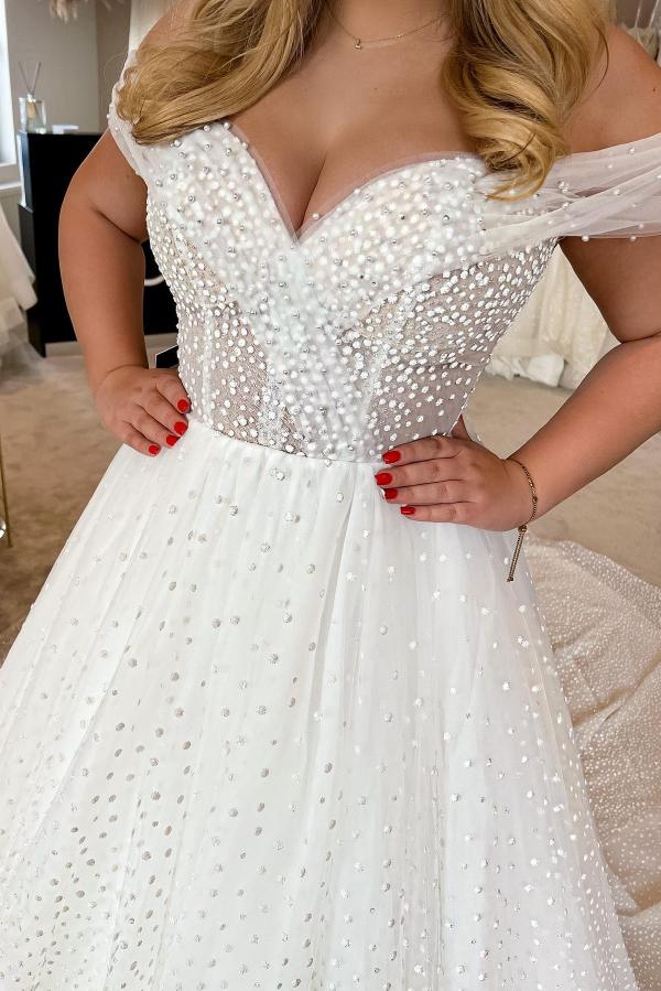 Elegant White Long A-line Off the Shoulder Tulle Wedding Dress