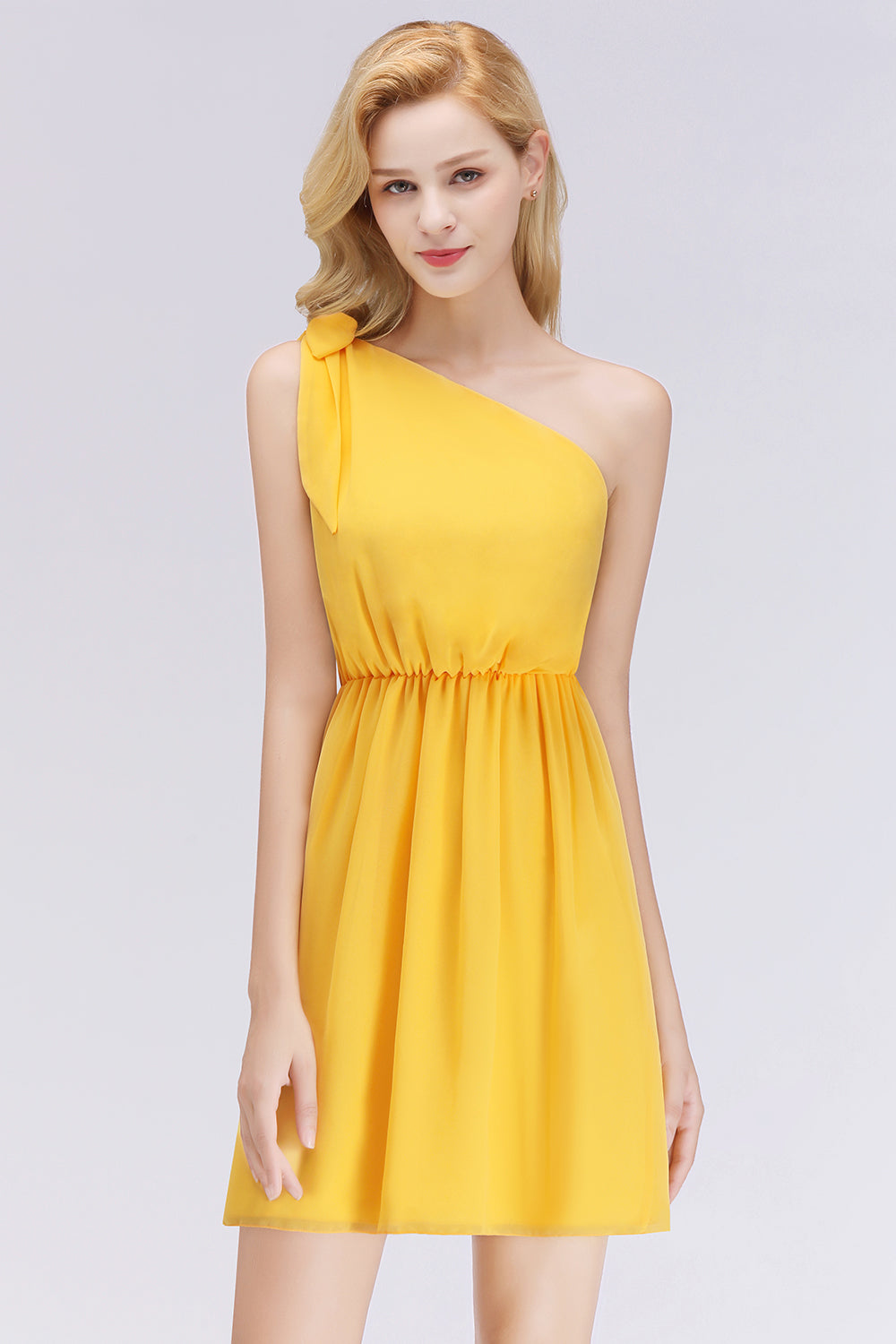 Elegant Chiffon One Shoulder Sleeveless Ruffles Short Bridesmaid Dresses with Bow