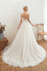 Long Wide Straps Deep V-neck A-Line Floor Length Tulle Wedding Dress