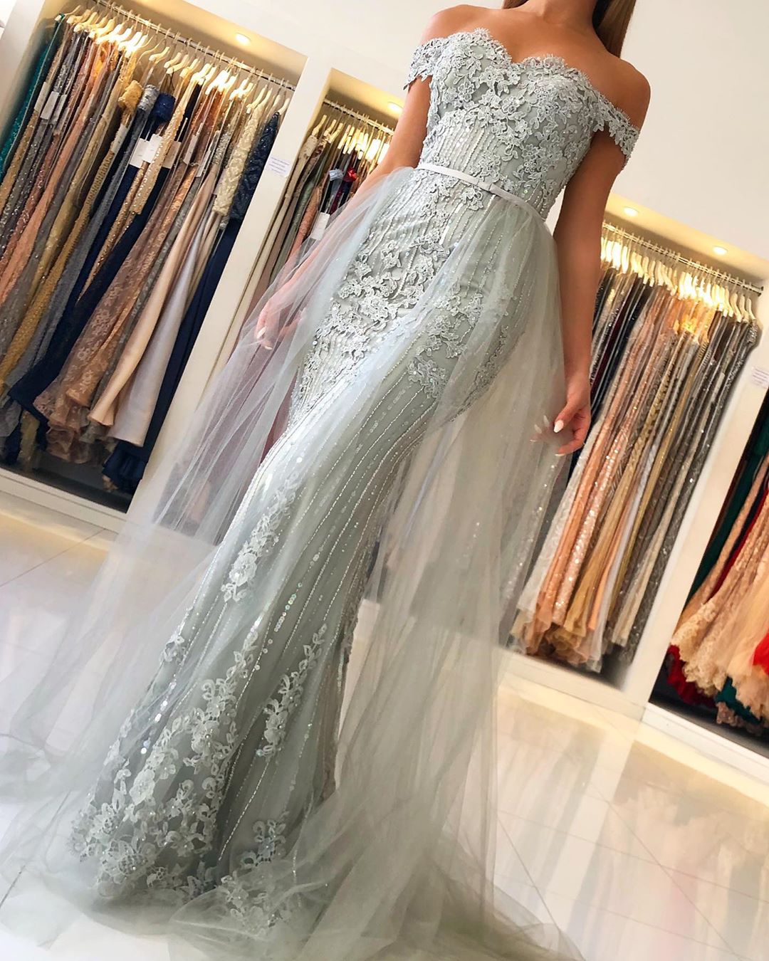 Long Mermaid Off the Shoulder Tulle Lace Prom Dress