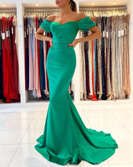 Stunning Long Mermaid Off the Shoulder Satin Prom Dresses with Sleeves