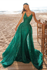 Long Mermaid Spaghetti Straps V-neck Beading Prom Dress With Tulle Train